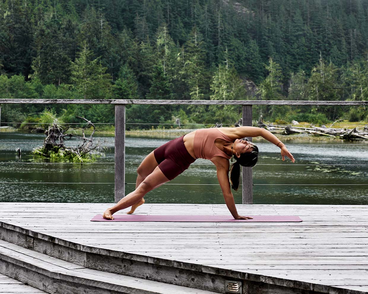 A waterfront wellbeing setting with cedar hot and cold tubs at the lodge.